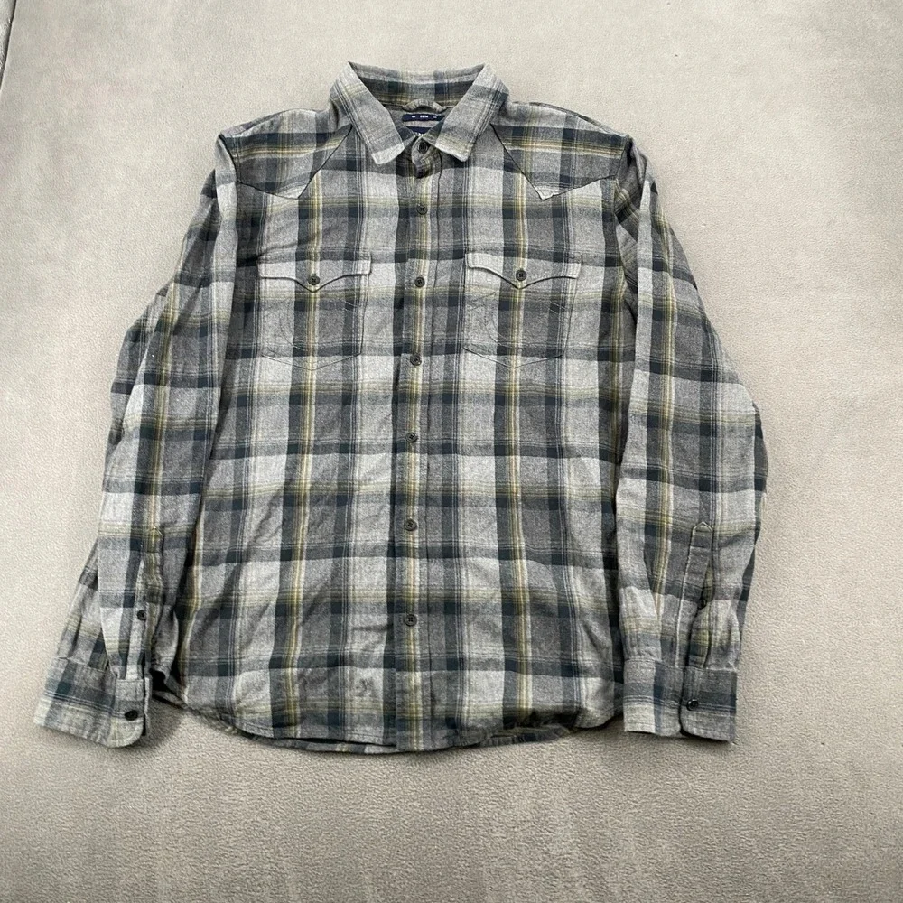 True Religion Mens Slim Fit Plaid Flannel Western Shirt Grey Green Large 5345